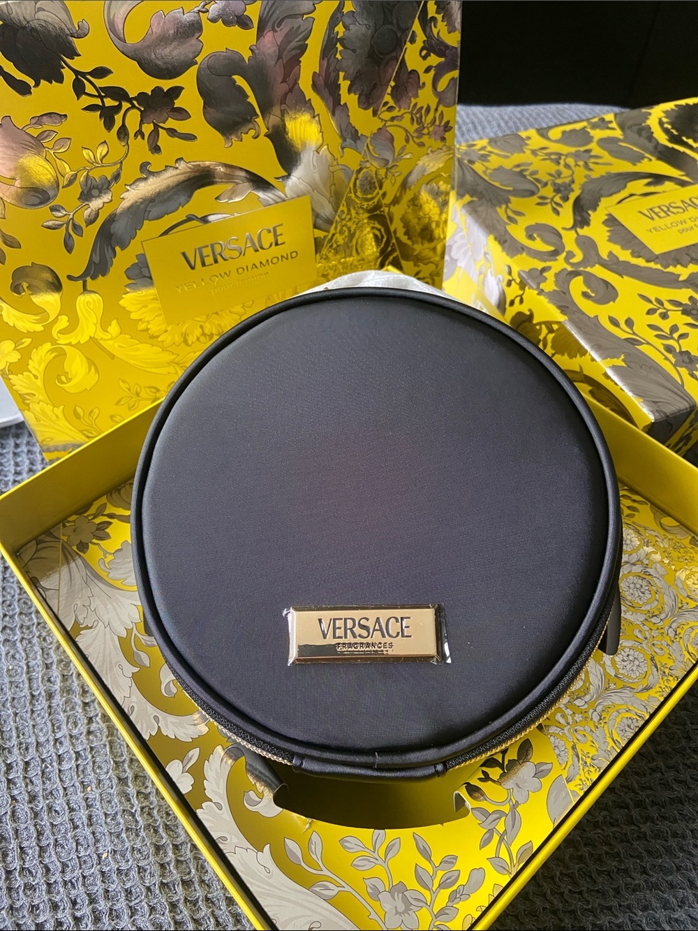 Versace Black Round Travel Cosmetic Case with Gold Logo Plaque NWT